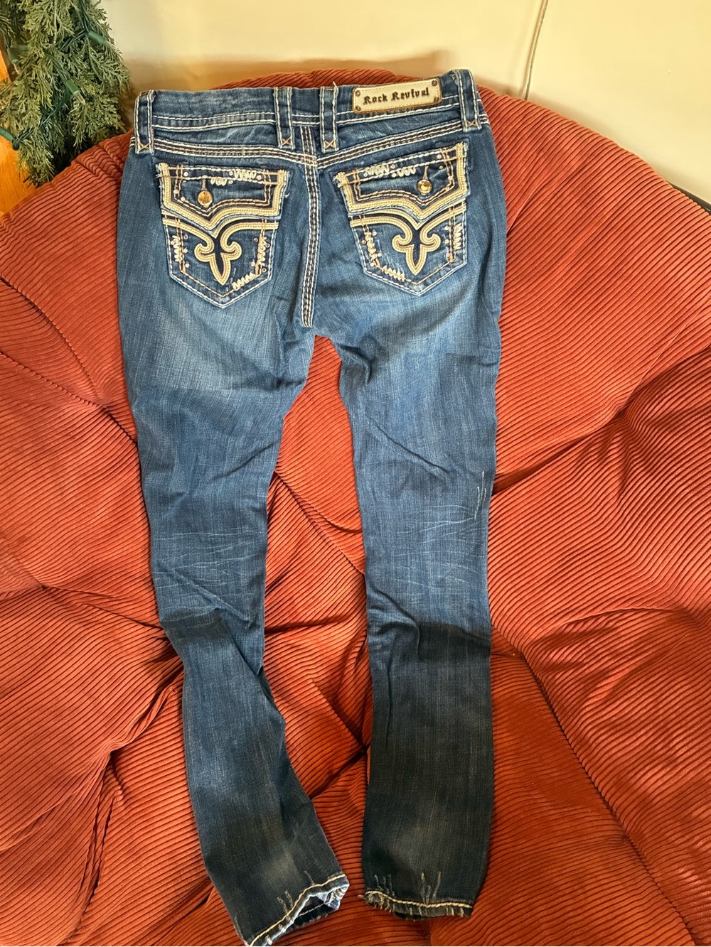 Rock Revival Women's Blue Skinny Jeans with Cream Embroidered Pockets